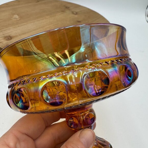Indiana Carnival Glass Kings Crown Thumbprint Amber Compote Pedestal Candy Dish - Picture 3 of 9